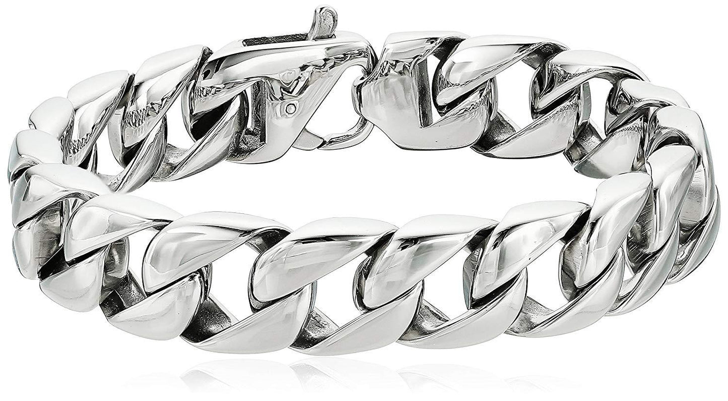 Crucible Jewelry Mens Stainless Steel Polished Curb Chain Bracelet, 8.5-Inch (15 mm), White