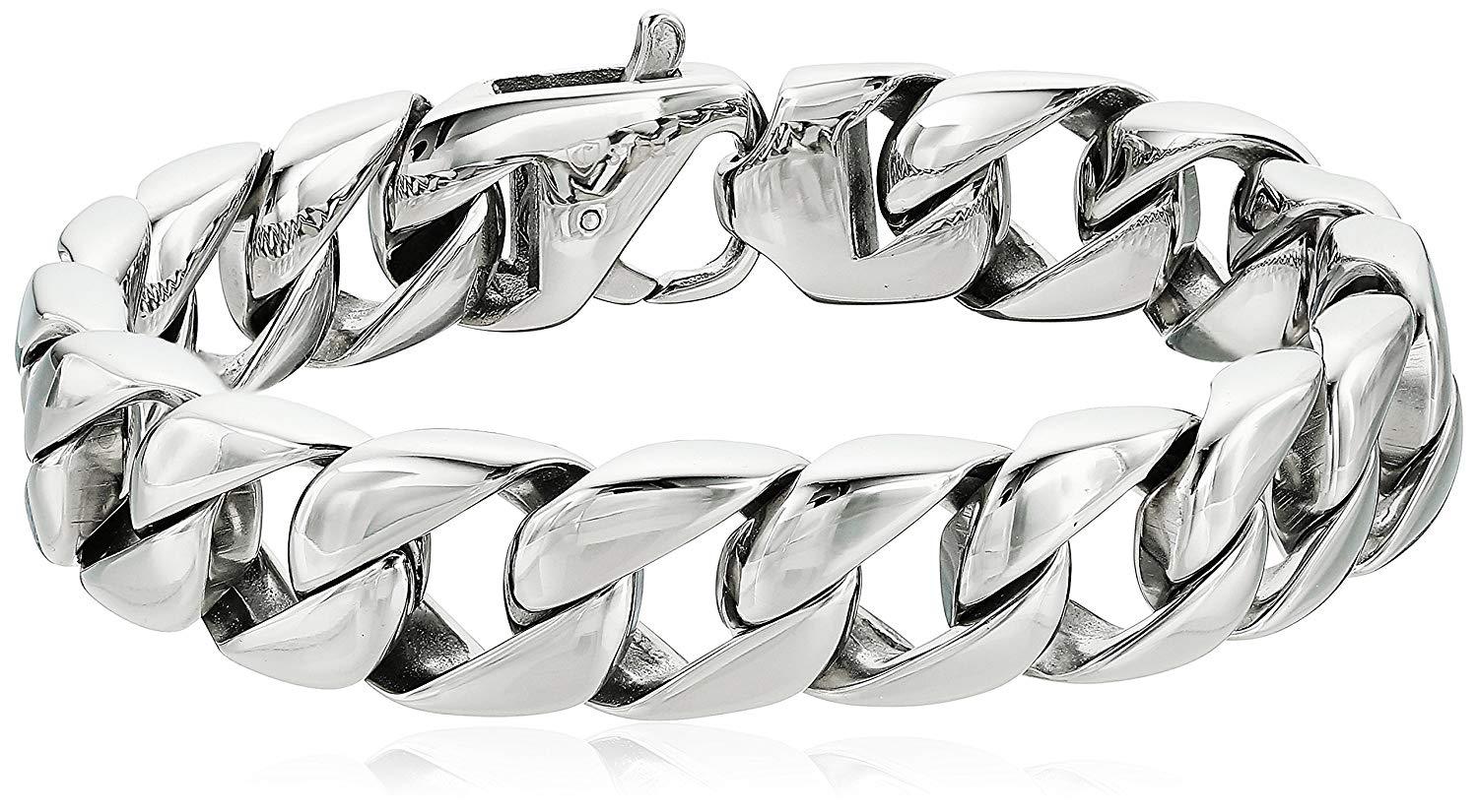 Crucible Jewelry Mens Stainless Steel Polished Curb Chain Bracelet, 8.5-Inch (15 mm), White