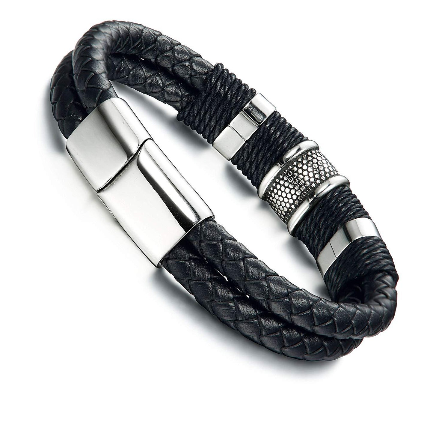 FIBO STEEL Stainless Steel Braided Leather Bracelet for Men Cuff Bracelet Magnetic Clasp 7.5-8.5 inches