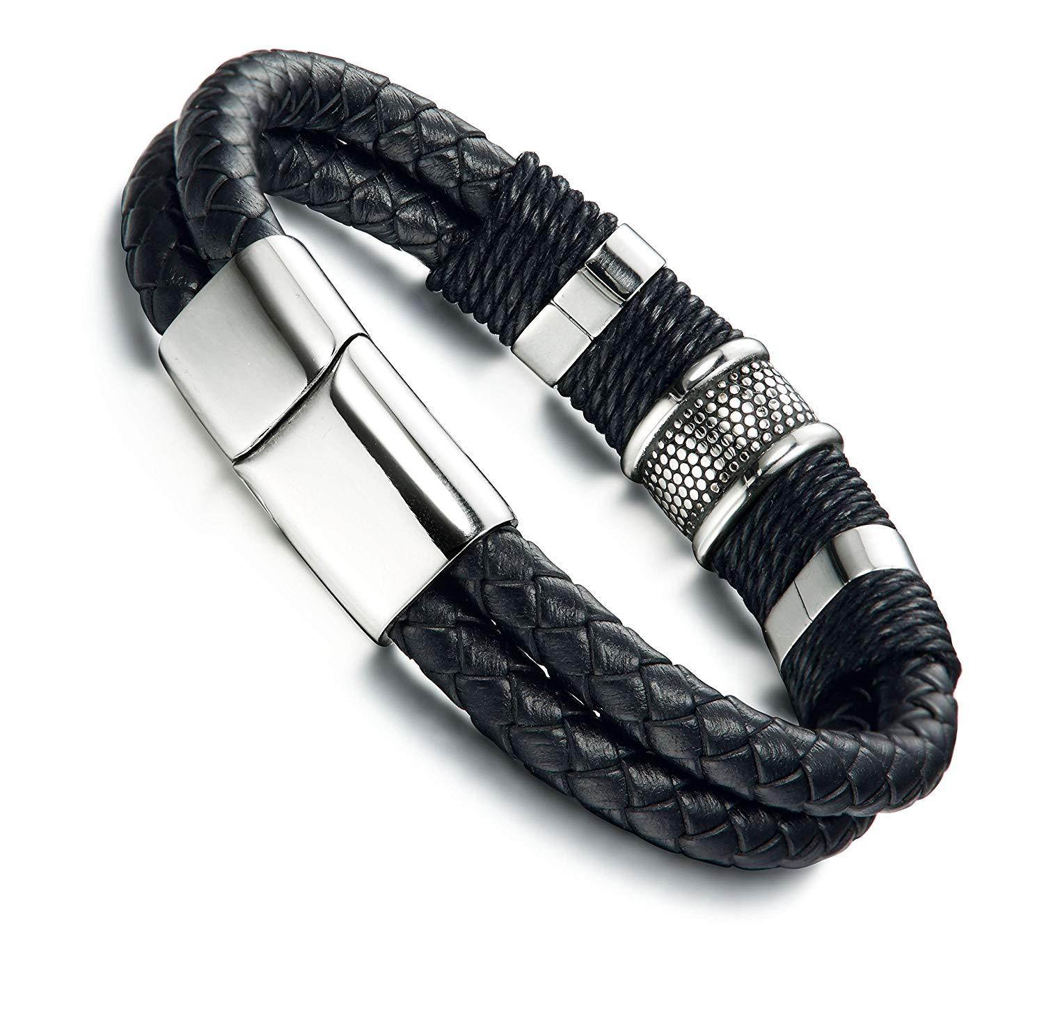 FIBO STEEL Stainless Steel Braided Leather Bracelet for Men Cuff Bracelet Magnetic Clasp 7.5-8.5 inches