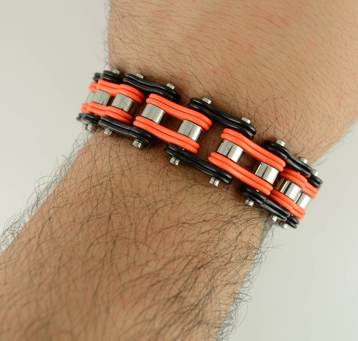 Two Tone Orange Black 3/4" Wide Double Link DesignUnisex Stainless Steel Motorcycle Chain Bracelet