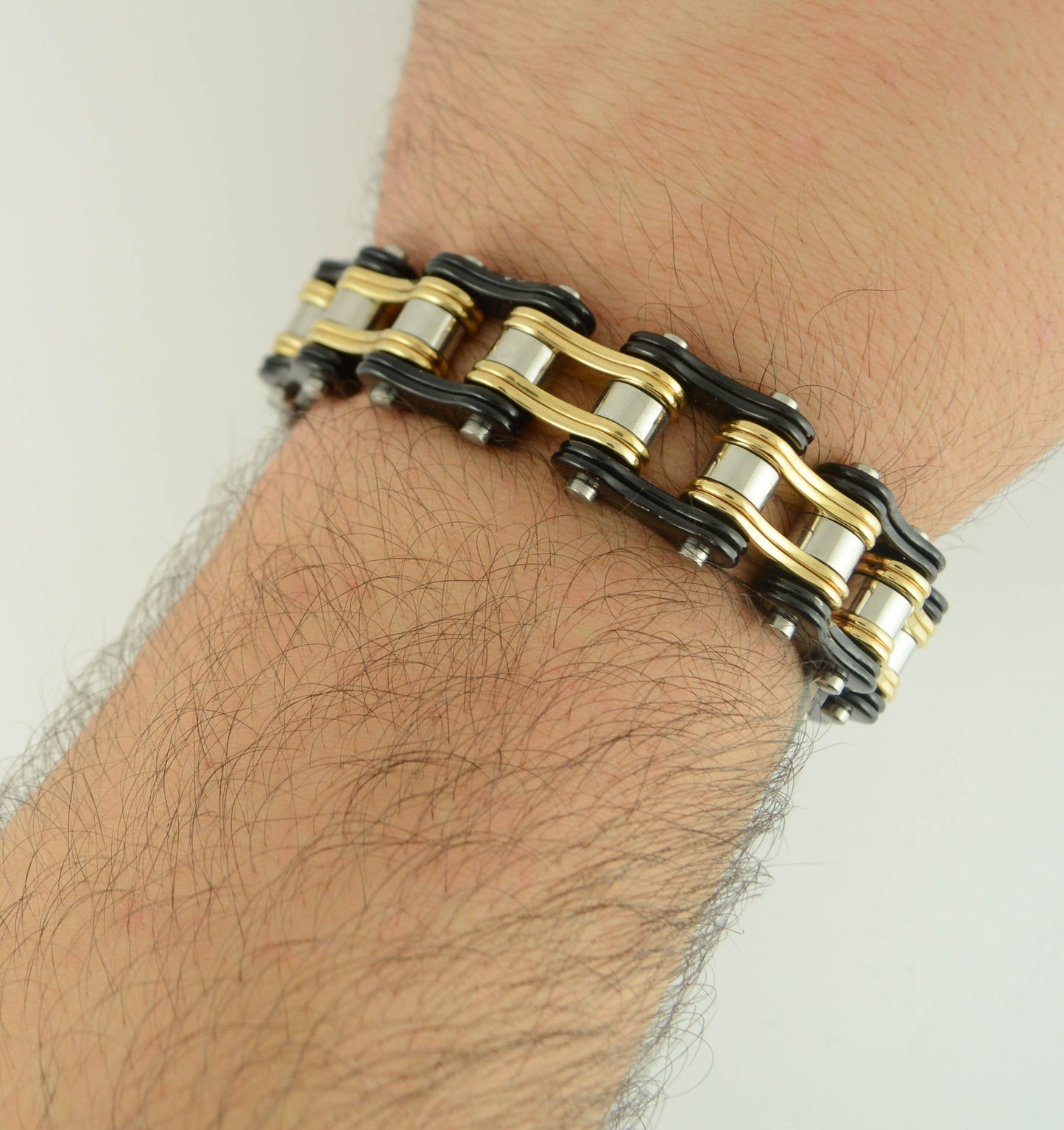 Two Tone Black Gold 3/4" Wide Double Link DesignUnisex Stainless Steel Motorcycle Chain Bracelet
