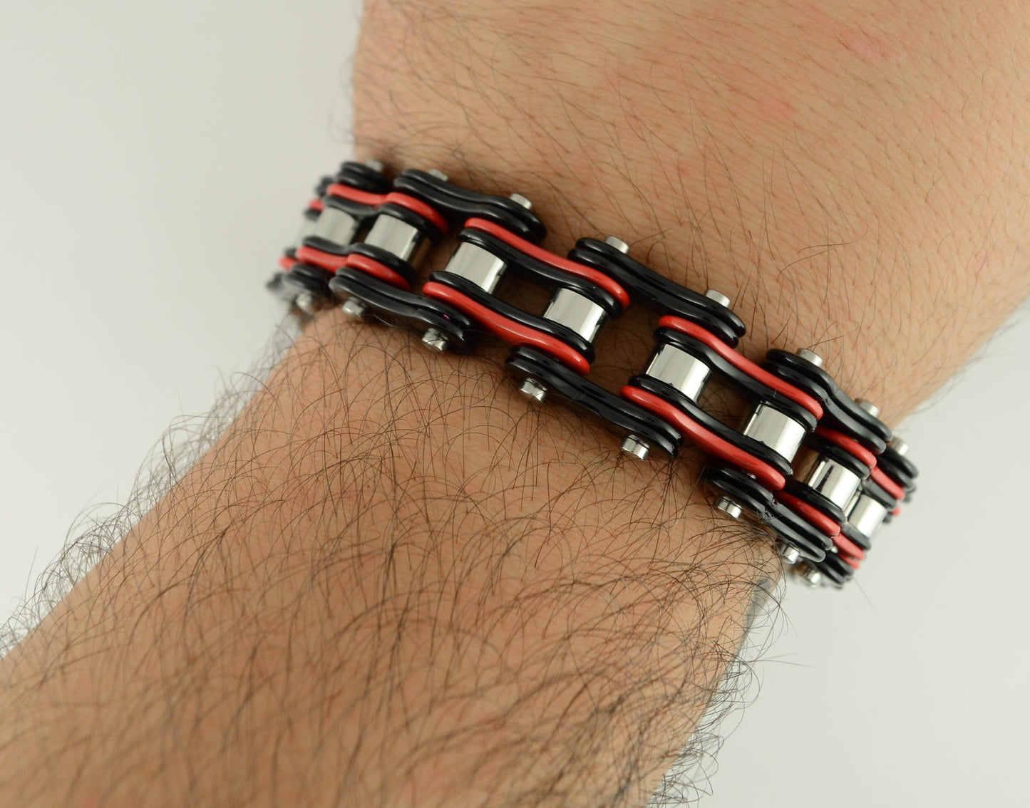 Tri-Color Black Red Silver 3/4" Wide Double Link DesignUnisex Stainless Steel Motorcycle Chain Bracelet