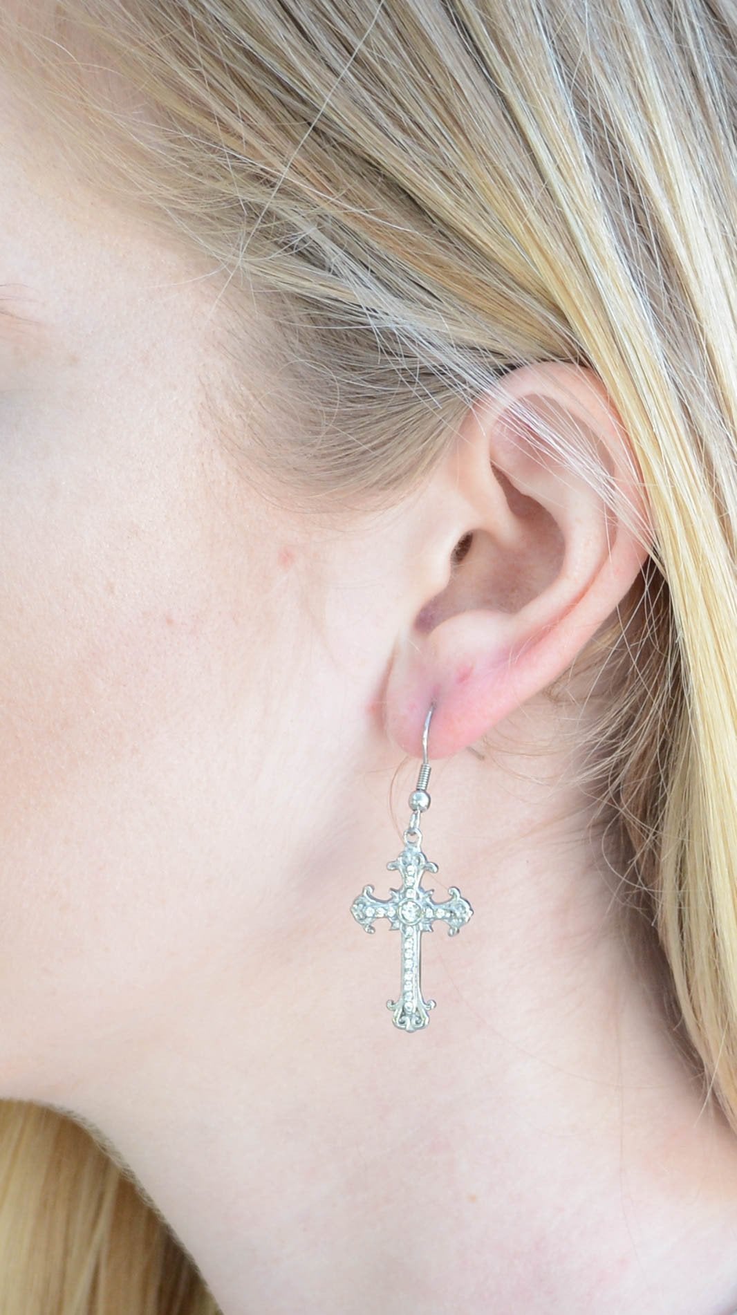 Cross Earrings French Wire Silver Tone Imitation Diamonds Stainless Steel Motorcycle Biker Jewelry