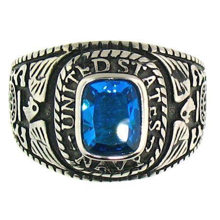 18mm US Navy Military Signet Ring with Blue Stone (Stainless Steel)