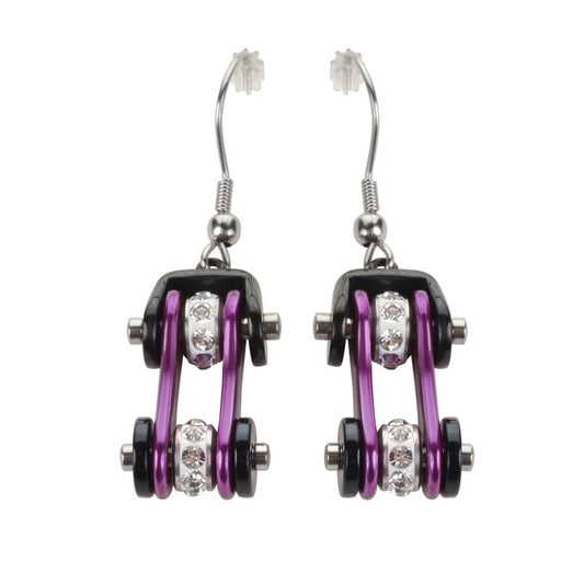Two Tone Black Candy Purple Crystal Centers Bike Chain Earrings Stainless Steel Motorcycle Biker Jewelry