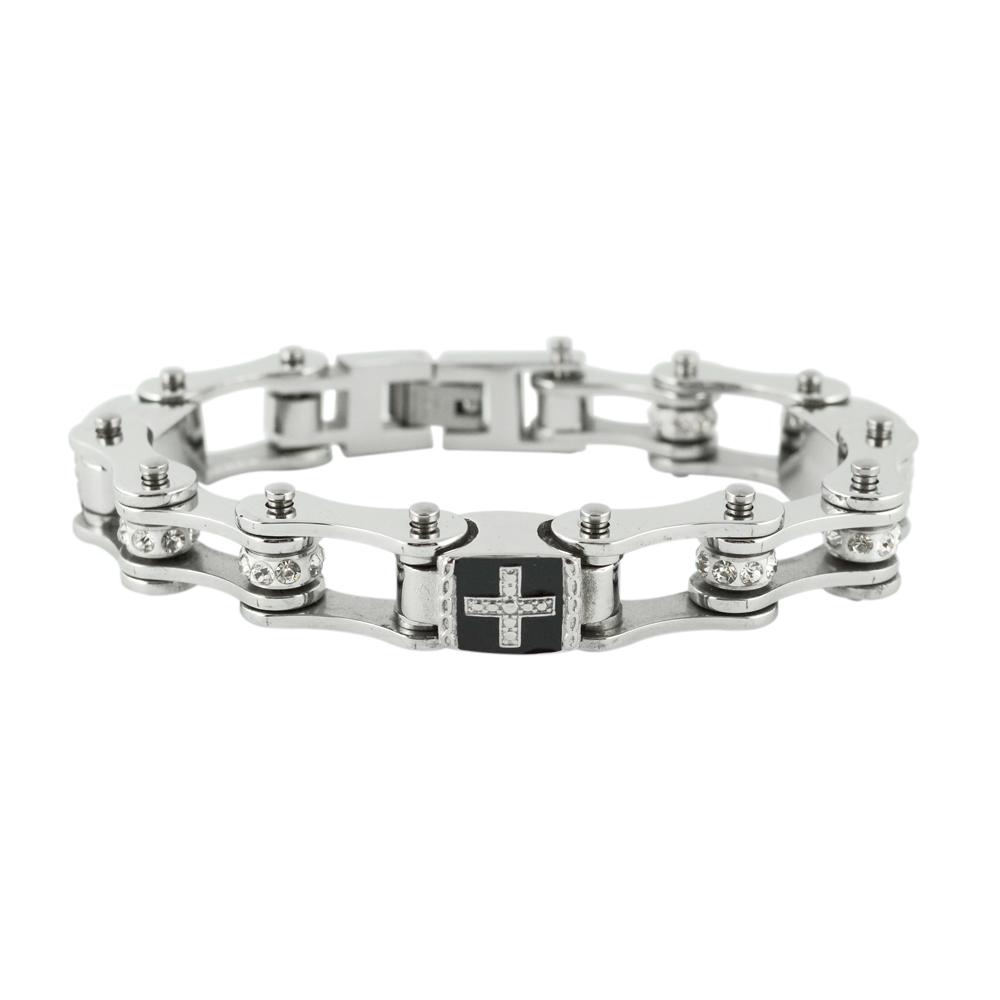 Women's Bike Chain Bracelet Crystal Rollers with Cross Sections 7.25"