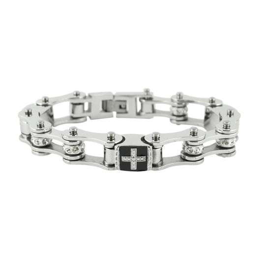 Women's Bike Chain Bracelet Crystal Rollers with Cross Sections 7.25"
