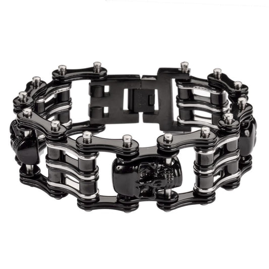 Two Tone Black Silver 1" Wide 3Unisex Stainless Steel Motorcycle Chain Bracelet
