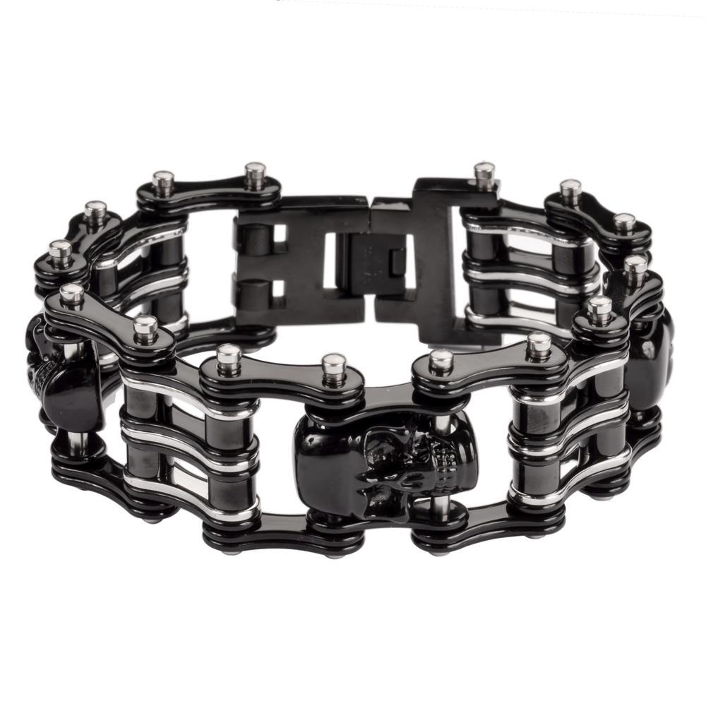 Two Tone Black Silver 1" Wide 3Unisex Stainless Steel Motorcycle Chain Bracelet