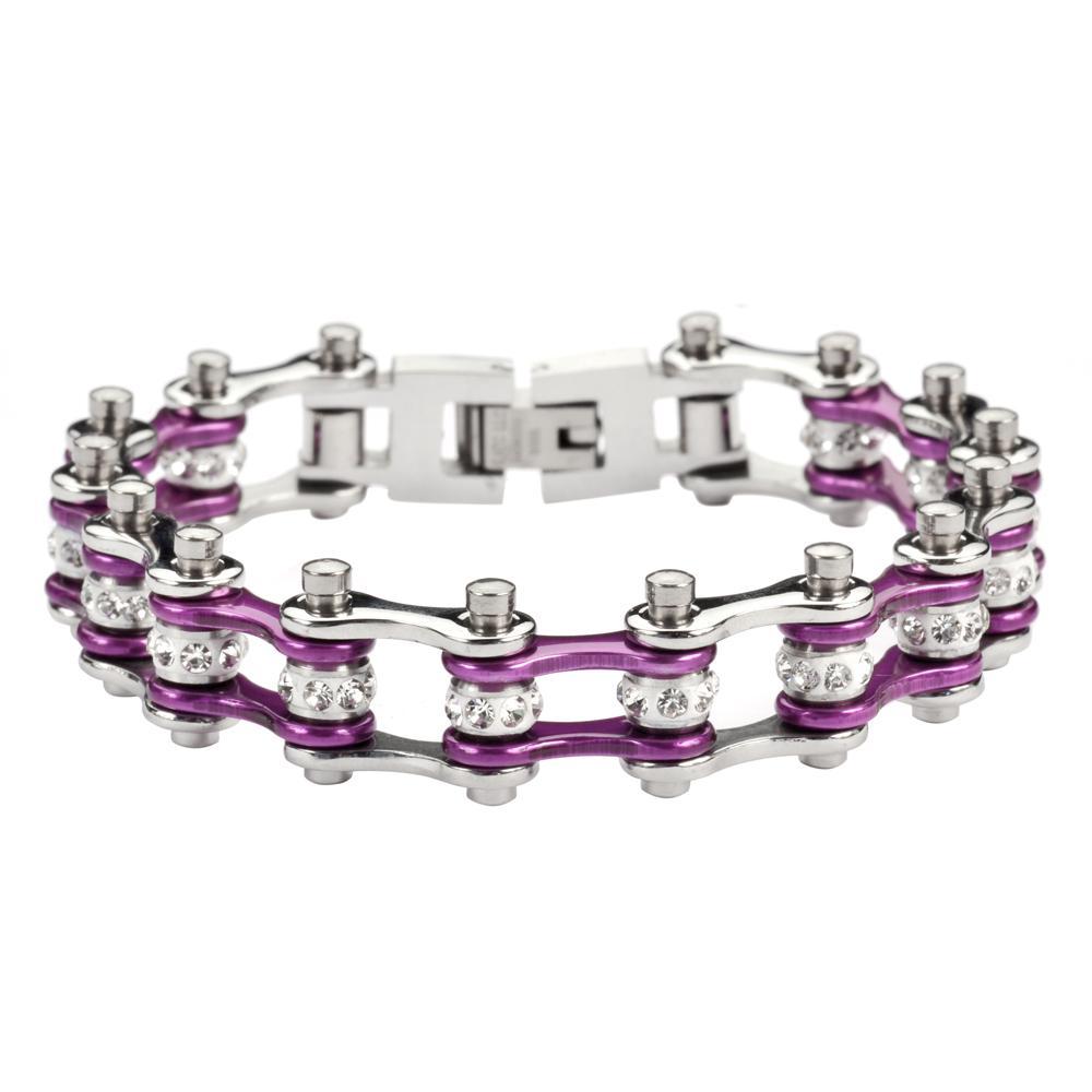 1/2" Wide MINITwo Tone Silver Candy Purple with White Crystal Centers Stainless Steel Motorcycle Bike Chain Bracelet
