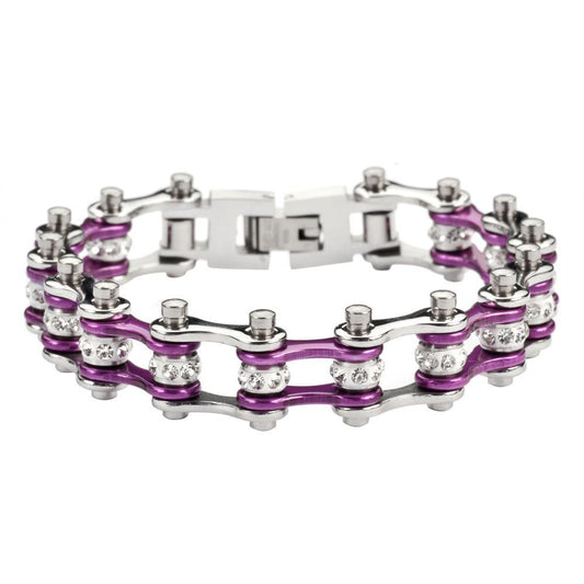 1/2" Wide MINITwo Tone Silver Candy Purple with White Crystal Centers Stainless Steel Motorcycle Bike Chain Bracelet