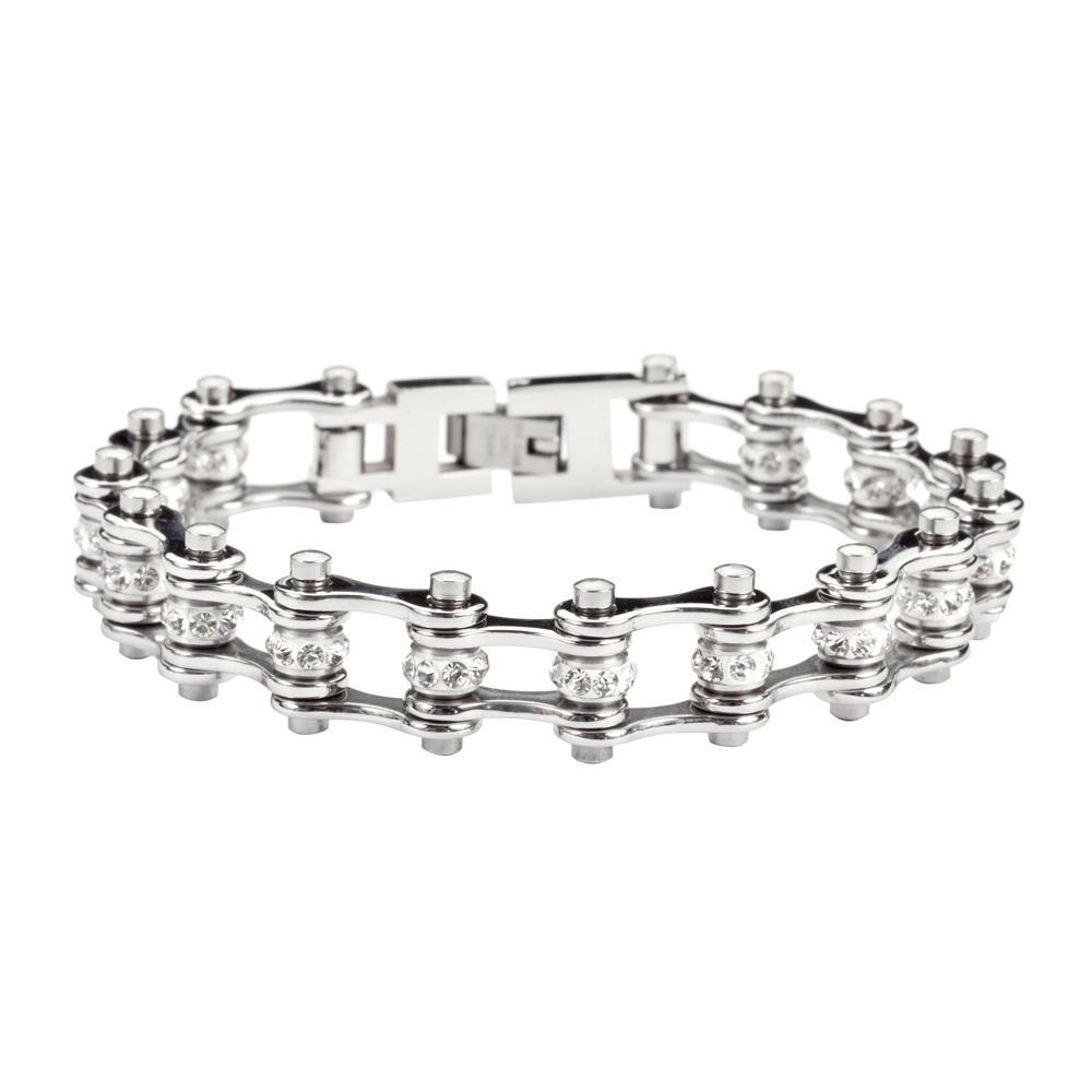 1/2" Wide MINIAll Silver with White Crystal Centers Stainless Steel Motorcycle Bike Chain Bracelet