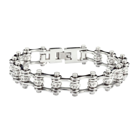 1/2" Wide MINIAll Silver with White Crystal Centers Stainless Steel Motorcycle Bike Chain Bracelet