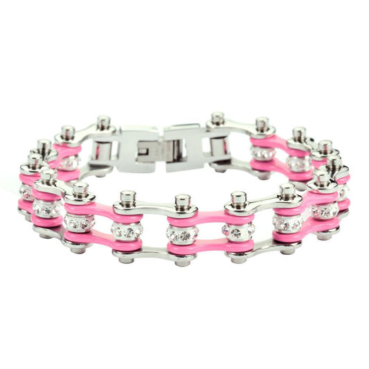 1/2" Wide MINITwo Tone Silver Pink with White Crystal Centers Stainless Steel Motorcycle Bike Chain Bracelet