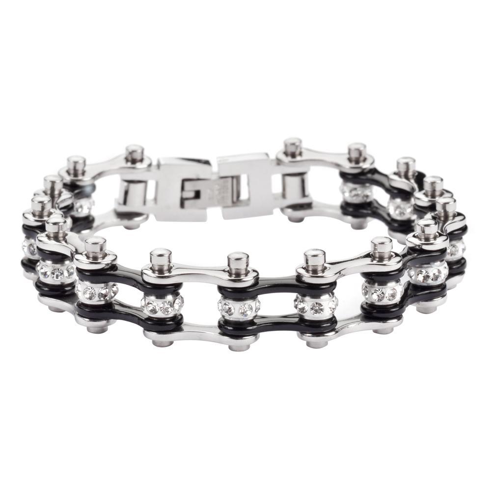1/2" Wide MiniTwo Tone Silver Black with White Crystal Centers Stainless Steel Motorcycle Bike Chain Bracelet