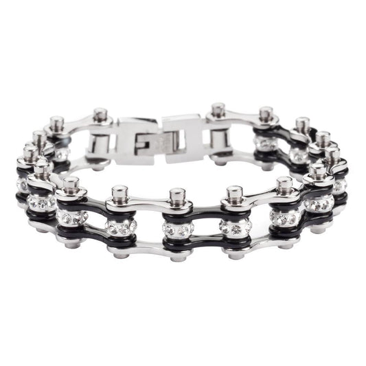 1/2" Wide MiniTwo Tone Silver Black with White Crystal Centers Stainless Steel Motorcycle Bike Chain Bracelet