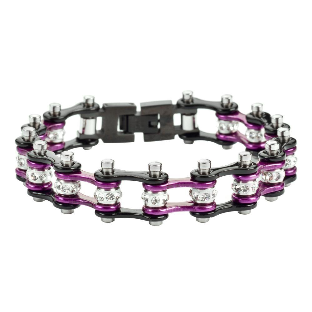 1/2" Wide MINITwo Tone Black Candy Purple with White Crystal Centers Stainless Steel Motorcycle Bike Chain Bracelet