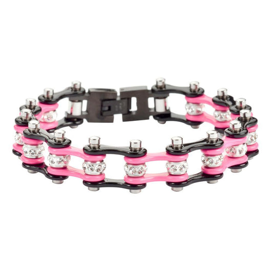 1/2" Wide Two Tone Black Pink with White Crystal Centers Stainless Steel Motorcycle Bike Chain Bracelet