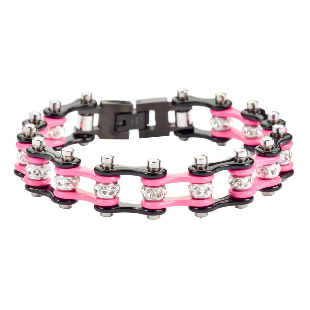 1/2" Wide Two Tone Black Pink with White Crystal Centers Stainless Steel Motorcycle Bike Chain Bracelet