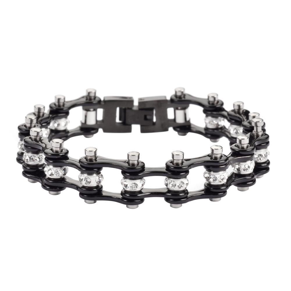 1/2" Wide MINIAll Black with White Crystal Centers Stainless Steel Motorcycle Bike Chain Bracelet