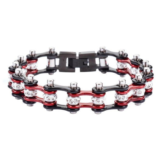1/2" Wide MINITwo Tone Black Candy Red with White Crystal Centers Stainless Steel Motorcycle Bike Chain Bracelet