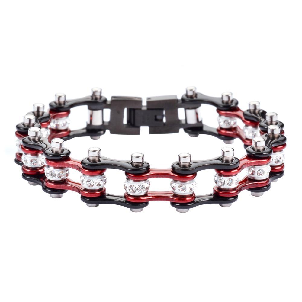 1/2" Wide MINITwo Tone Black Candy Red with White Crystal Centers Stainless Steel Motorcycle Bike Chain Bracelet