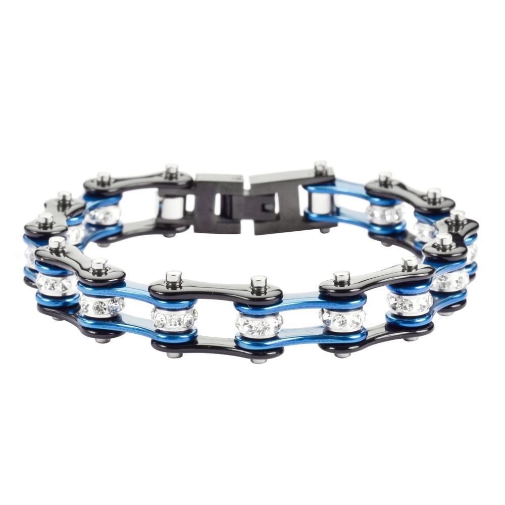1/2" Wide Two Tone Black Blue with White Crystal Centers Stainless Steel Motorcycle Bike Chain Bracelet