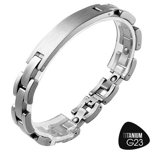 Titanium Link Bracelet with Curved ID Plate for Engraving