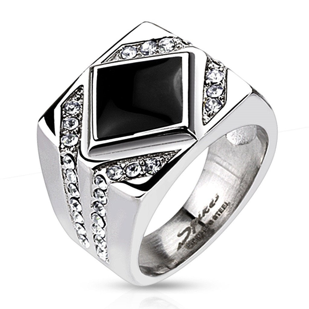 Stainless Steel Diamond Shaped Onyx with Clear Micro Paved CZ Ring