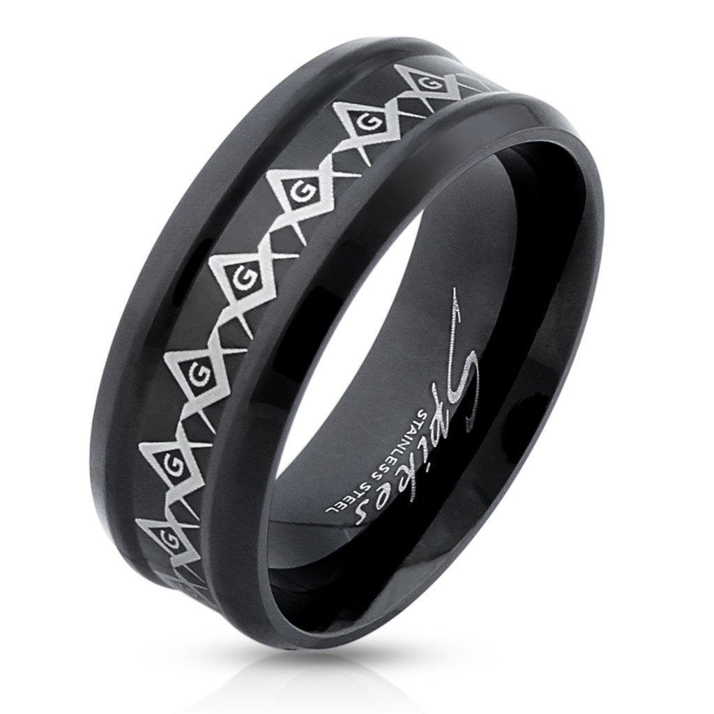 Stainless Steel Laser Etched Black IP Masonic Ring