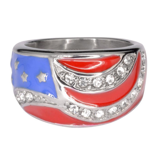 Women's American Flag Ring Imitation Diamonds Stainless Steel Patriotic Jewelry