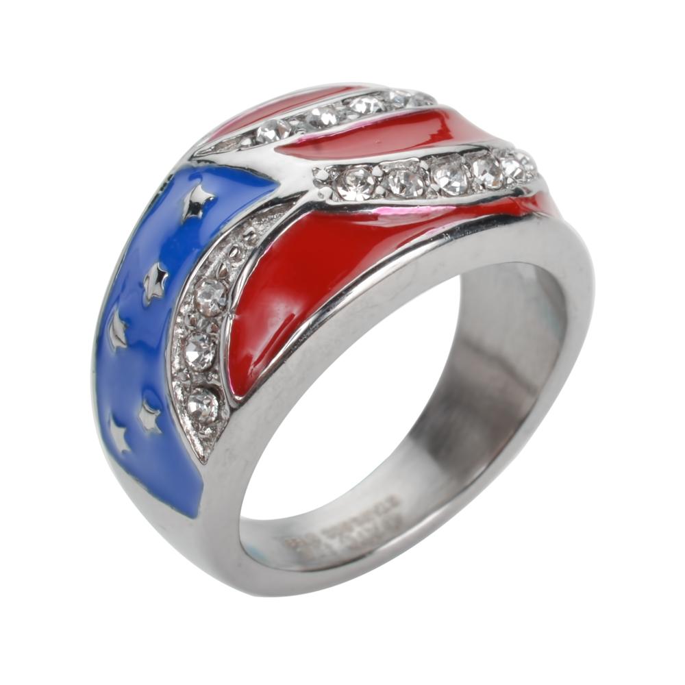 Women's American Flag Ring Imitation Diamonds Stainless Steel Patriotic Jewelry