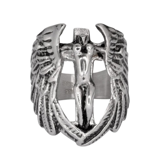 Female Angel with Spread Wings Ring Stainless Steel Religious Motorcycle Jewelry