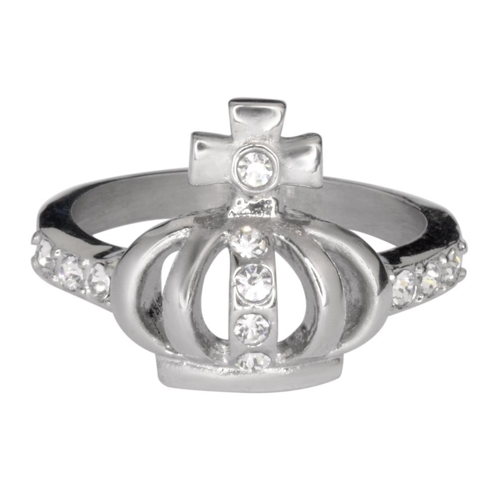 Women's Imitation Diamond Crown with Cross Ring Stainless Steel Motorcycle Jewelry