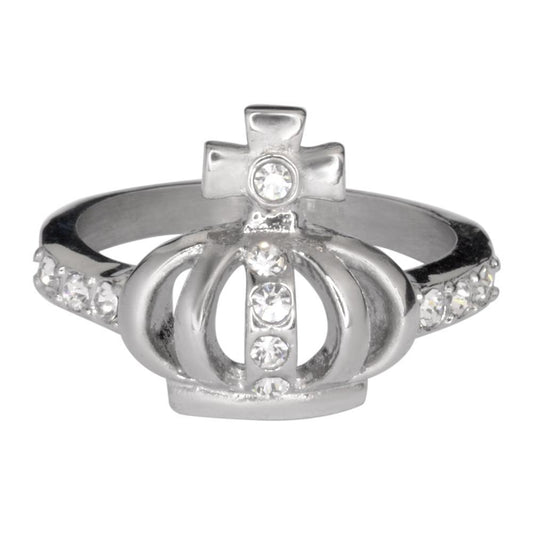 Women's Imitation Diamond Crown with Cross Ring Stainless Steel Motorcycle Jewelry
