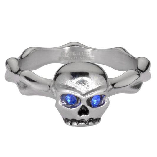 Women's Blue Eyed Bones Ring Stainless Steel Motorcycle Jewelry Sizes 5 9
