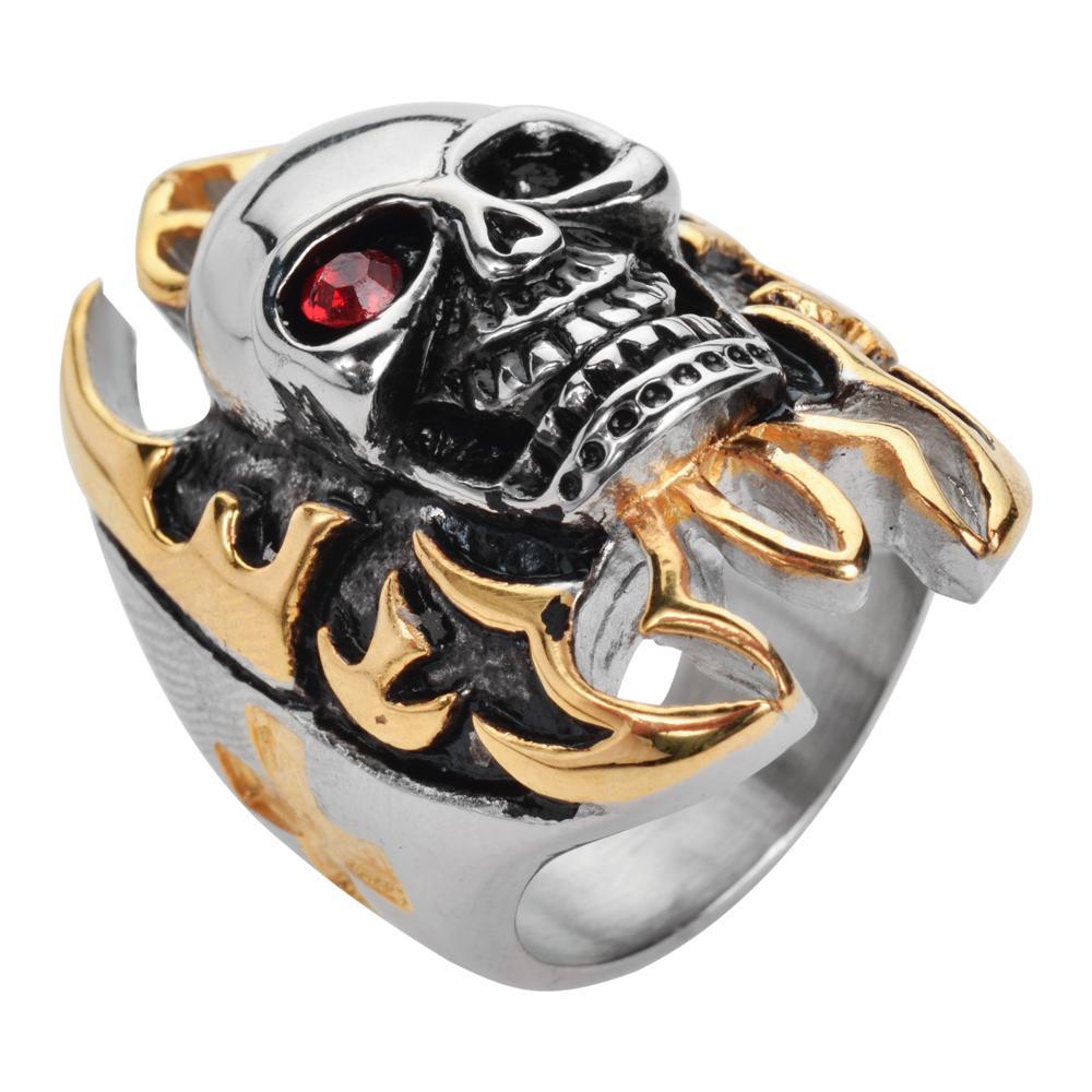 Flames Gold Tone Ring 1 1/2" Tall Imitation Rubt Eyes Stainless Steel Motorcycle Jewelry10 15