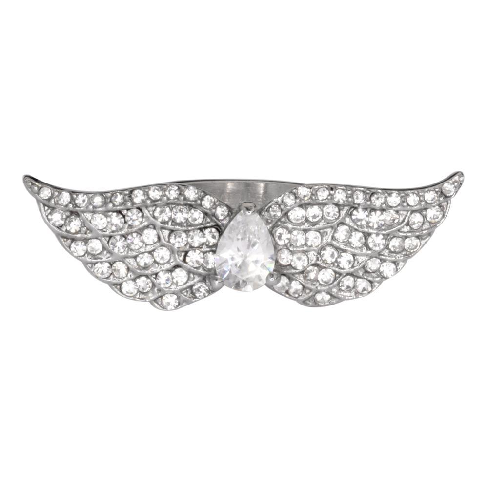 Wings White Crystal Pear Center Ring Stainless Steel Motorcycle Jewelry