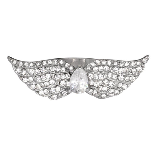 Wings White Crystal Pear Center Ring Stainless Steel Motorcycle Jewelry