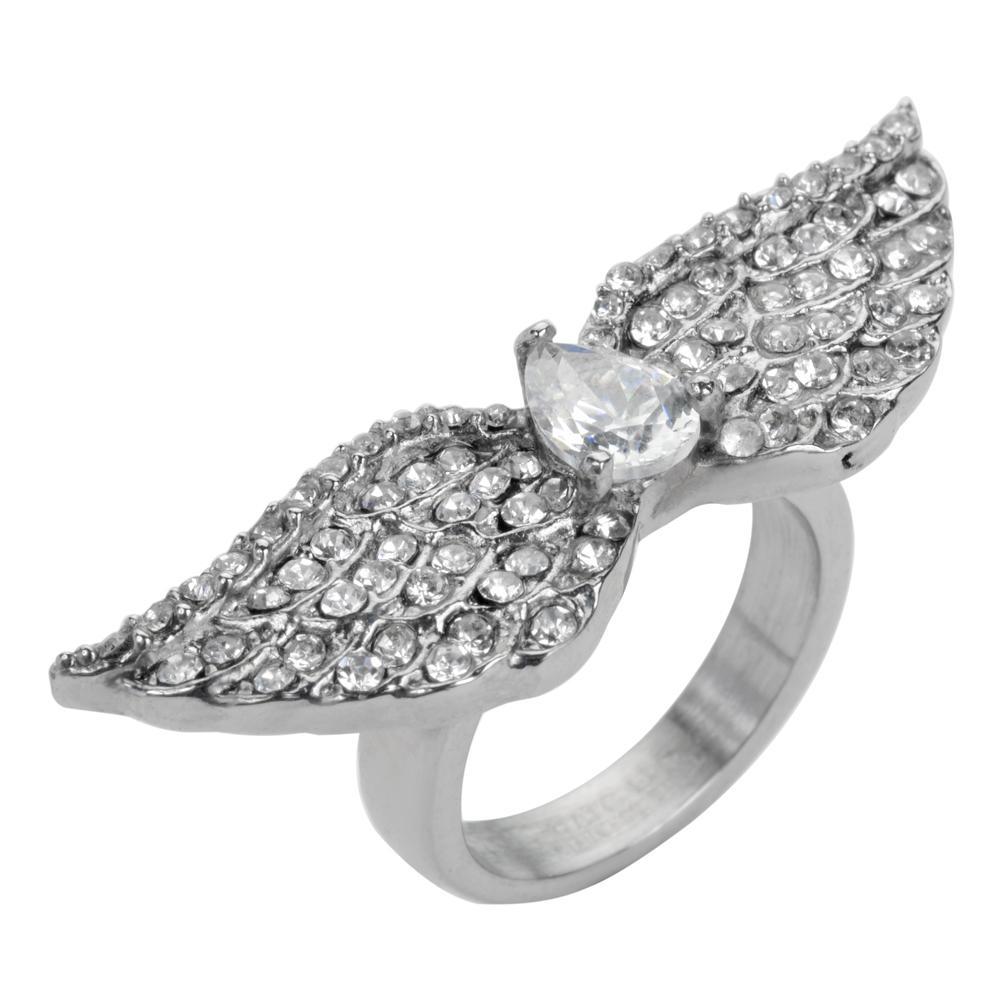 Wings White Crystal Pear Center Ring Stainless Steel Motorcycle Jewelry
