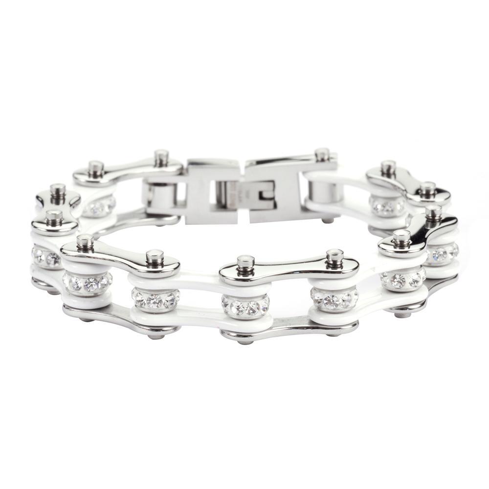 1/2" Wide Two Tone Silver White with White Crystal Centers Stainless Steel Motorcycle Bike Chain Bracelet