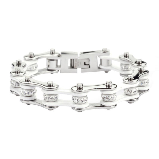 1/2" Wide Two Tone Silver White with White Crystal Centers Stainless Steel Motorcycle Bike Chain Bracelet