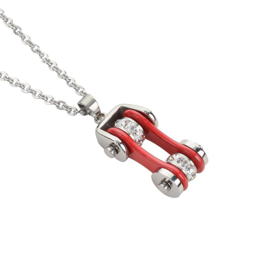 Women's Bike Chain Silver Red Crystal Bling Necklace 19" Stainless Steel Motorcycle Jewelry