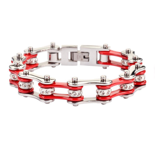 1/2" Wide Two Tone Silver Red with White Crystal Centers Stainless Steel Motorcycle Bike Chain Bracelet