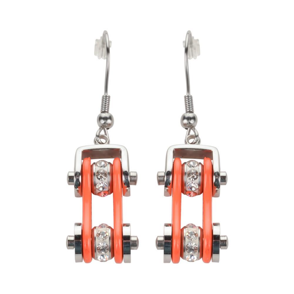 Two Tone Silver Orange Crystal Centers Bike Chain Earrings Stainless Steel Motorcycle Biker Jewelry