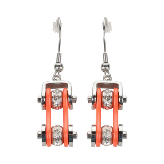 Two Tone Silver Orange Crystal Centers Bike Chain Earrings Stainless Steel Motorcycle Biker Jewelry