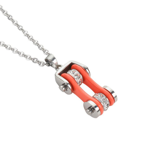 Women's Bike Chain Silver Orange Crystal Bling Necklace 19" Stainless Steel Motorcycle Jewelry