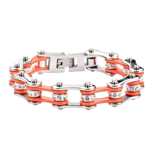 1/2" Wide Two Tone Silver Orange with White Crystal Centers Stainless Steel Motorcycle Bike Chain Bracelets