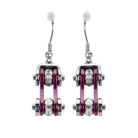 Two Tone Silver Candy Purple Crystal Centers Bike Chain Earrings Stainless Steel Motorcycle Biker Jewelry